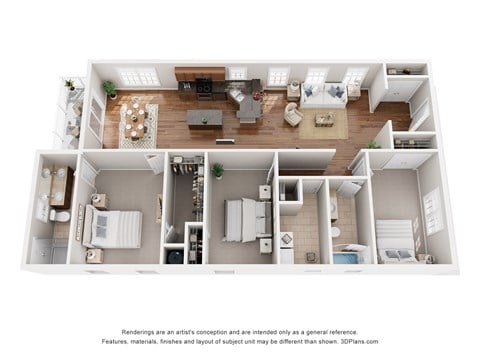 Floor plan for 3 beds, 2 baths, 1596 sqft